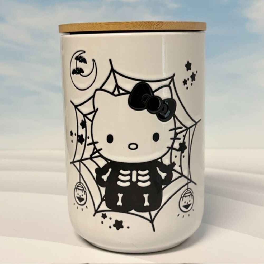 Hello Kitty Skeleton Halloween Ceramic Canister Bamboo Lid 40.57 Oz Sanrio 2023